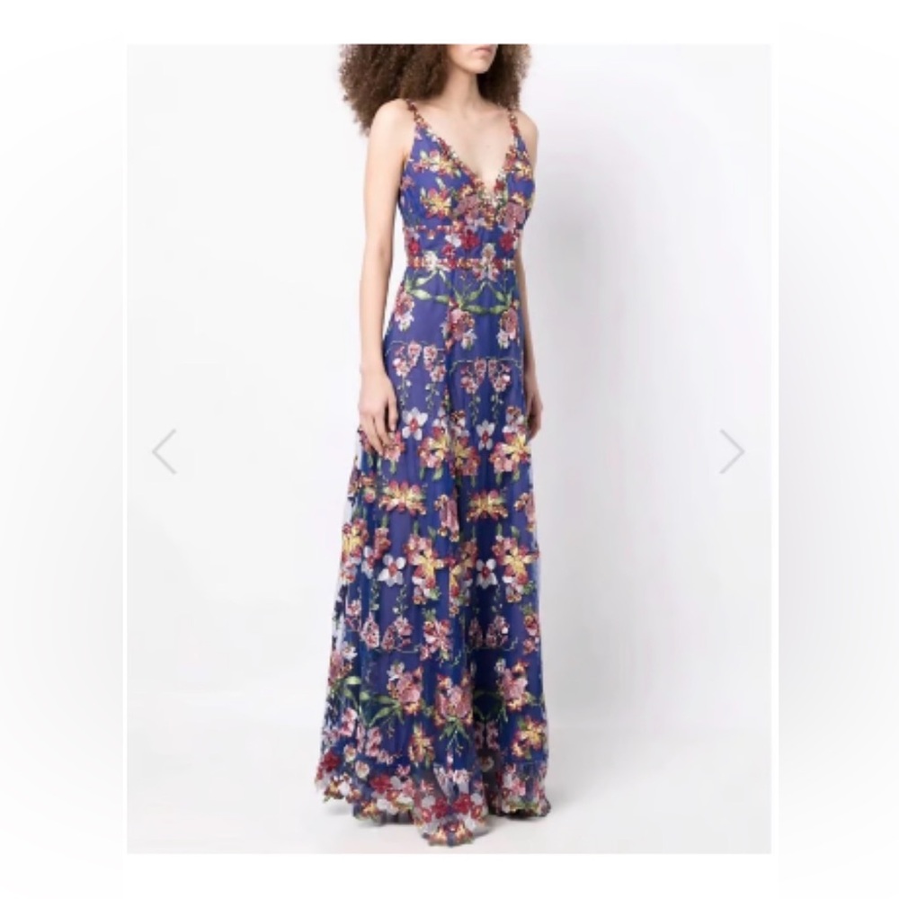 Marchesa Notte V-Neck Embroidered Floral Maxi Dress